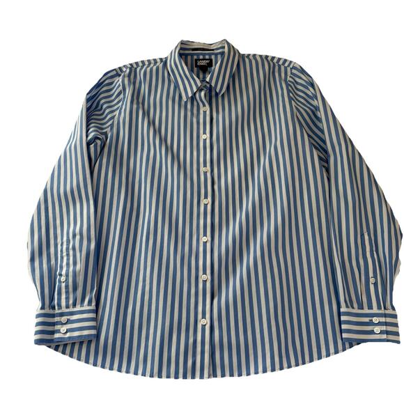 Lands' End Women's Blue & White Striped No Iron Supima Button Down Shirt Size 18 - Picture 2 of 10